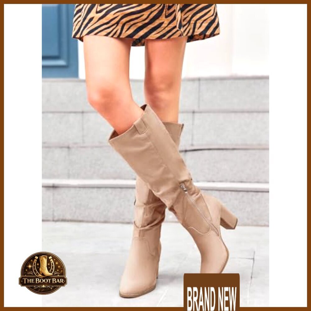 Knee High Boots Chunky Heel Wide Calf Round Toe Side Zipper Fashion Dress Boots - Picture 3 of 6